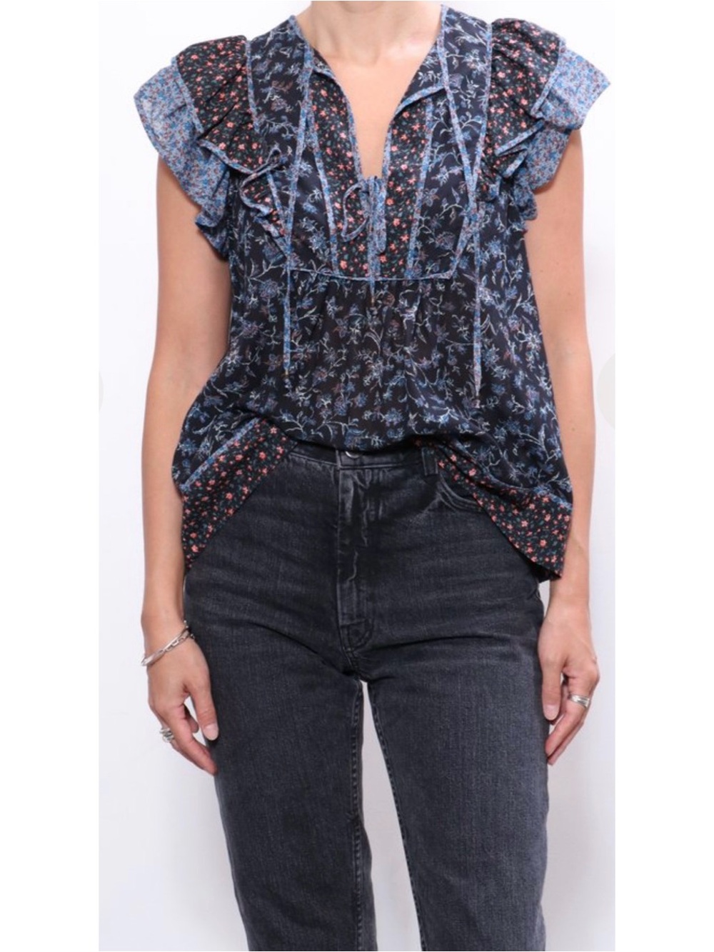 Womens Navy Floral Ruffle Sleeve Peasant Top